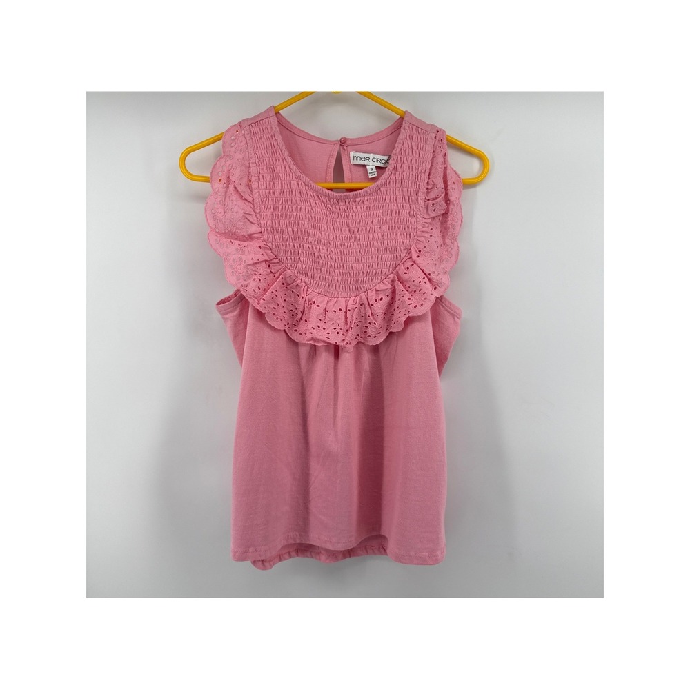 Inner Circle Pink Smocked Eyelet Lace Ruffle Sleeveless Top Small NWT